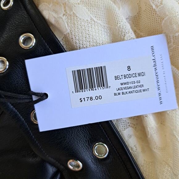 NEW WeWoreWhat Belt Bodice Lace Midi Maxi Dress Sz 8 Black Vegan Leather Ivory - Picture 9 of 15